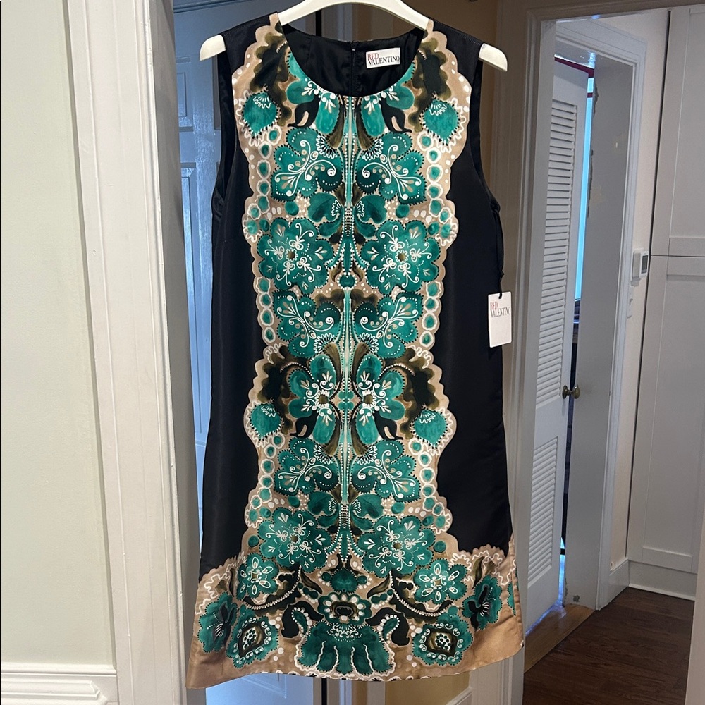 RED Valentino Black and Green Embroidered Mini Dress NWT